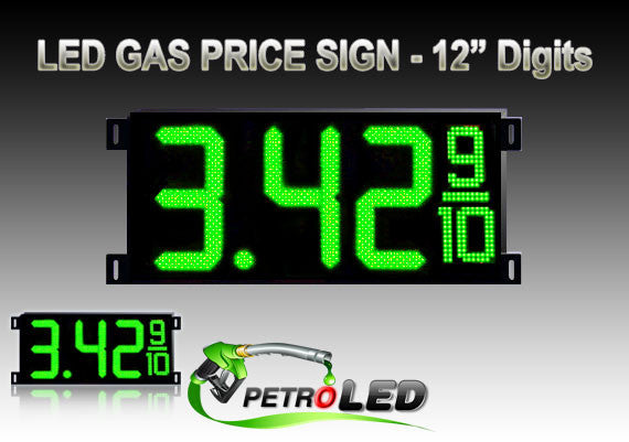 Gas Price LED Sign (Digital) 12" Green with 3 Large Digits & fraction digits - 5 Year Warranty