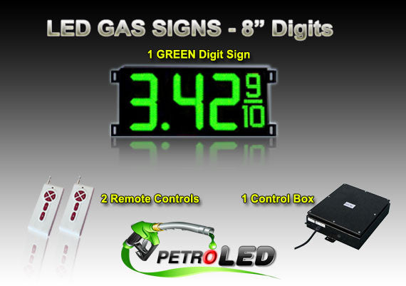 8 Inch Digits - LED Gas sign package - 1 Green Digital Price Gasoline LED SIGNS - Complete Package w/ RF Remote Control - 26"x11"
