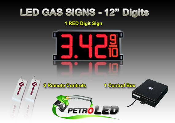 12 Inch Digits - LED Gas sign package - 1 Red Digital Price Gasoline LED SIGNS - 5 Year Warranty - Complete Package w/ RF Remote Control - 33"x15"