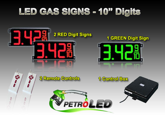 10 Inch Digits - LED Gas sign package - 2 Red & 1 Green Digital Price Gasoline LED SIGNS - Complete Package w/ RF Remote Control - 28"x13"