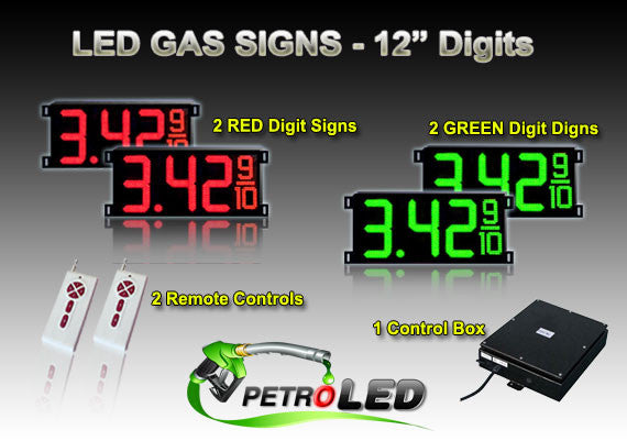 12 Inch Digits - LED Gas sign package - 2 Red & 2 Green Digital Price Gasoline LED SIGNS - 5 Year Warranty - Complete Package w/ RF Remote Control - 33"x15"