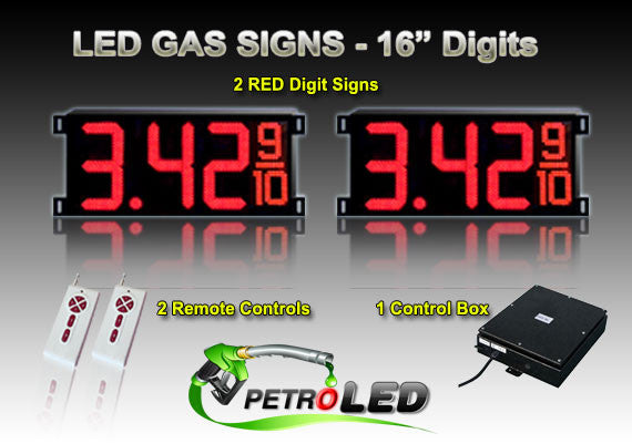 16 Inch Digits - LED Gas sign package - 2 Red Digital Price Gasoline LED SIGNS - Complete Package w/ RF Remote Control - 42"x19"