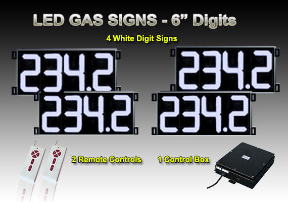 6 Inch Digits - LED Gas sign package - 4 White Digital Price Gasoline LED SIGNS - Complete Package w/ RF Remote Control - 9"x21"