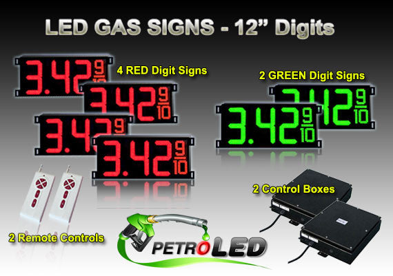 12 Inch Digits - LED Gas sign package - 4 Red & 2 Green Digital Price Gasoline LED SIGNS - 5 Year Warranty - Complete Package w/ RF Remote Control - 33"x15"