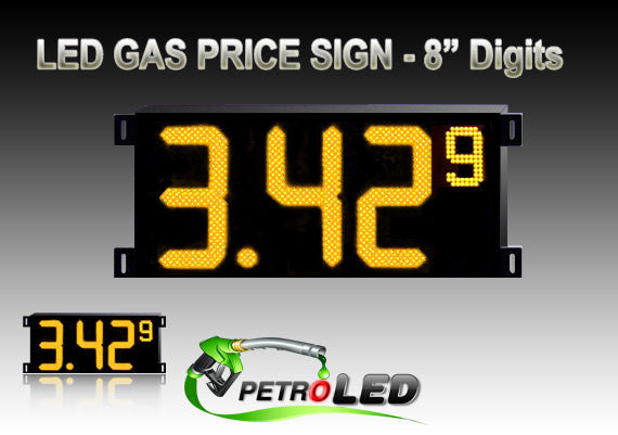 Gas Price LED Sign (Digital) 8" Amber (Yellow) with 3 Large Digits & 1 small digit - 5 Year Warranty