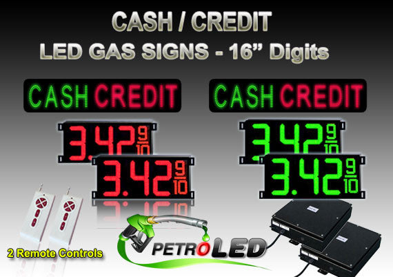 CASH / CREDIT LED Digital Gas Price Changer package - CASH / CREDIT signs (2) & 16 Inch Digits - 2 Red & 2 Green Digital Price Gasoline LED SIGNS - Complete Package w/ RF Remote Control - 42"x19"
