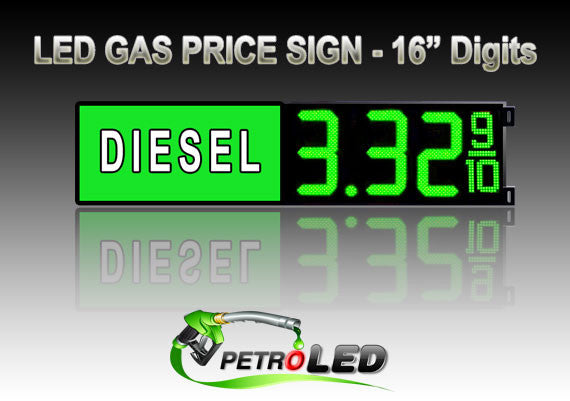16" DIESEL Gas Price LED Sign - Green LEDs with 3 Large Digits & fraction digits - Lighted Section to the left - 5 Year Warranty