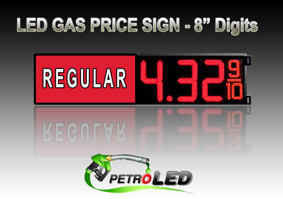 8" REGULAR Gas Price LED Sign - Red LEDs with 3 Large Digits & fraction digits - Lighted Section to the left - 5 Year Warranty