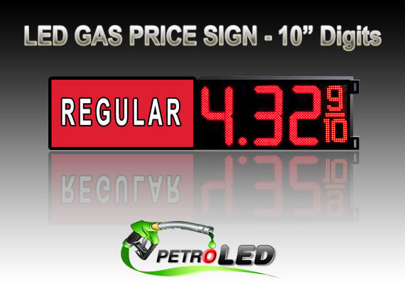 10" REGULAR Gas Price LED Sign - Red LEDs with 3 Large Digits & fraction digits - Lighted Section to the left - 5 Year Warranty