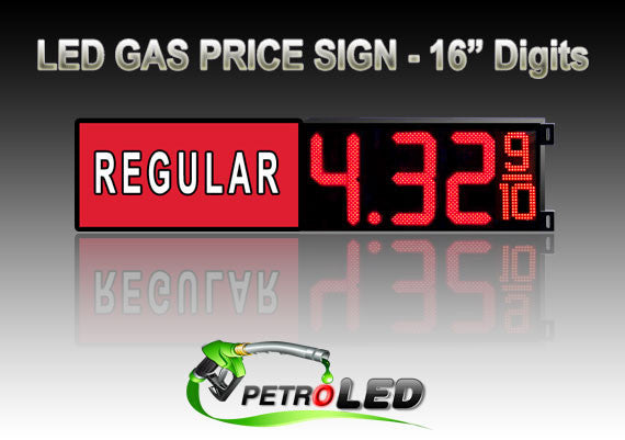 16" REGULAR Gas Price LED Sign - Red LEDs with 3 Large Digits & fraction digits - Lighted Section to the left - 5 Year Warranty