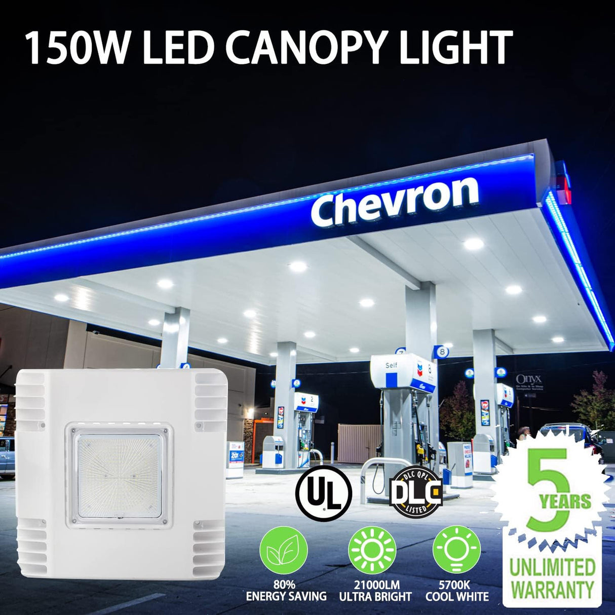 LED Canopy Light - 150W - 21,000 Lumens - 5 Year Warranty - Slim profile