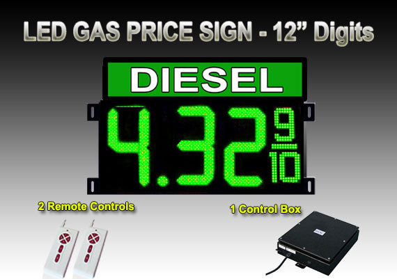 12 Inch Digits - LED Gas sign package - 1 DIESEL Digital Price Gasoline LED SIGNS - Top Section lighted - 5 Year Warranty - Complete Package w/ RF Remote Control - 27"x33"