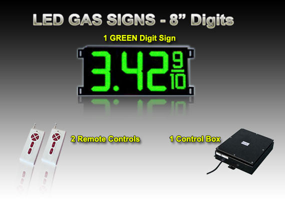 8 Inch Digits - LED Gas sign package - 1 Green Digital Price Gasoline LED SIGNS - Complete Package w/ RF Remote Control -  26"x11"