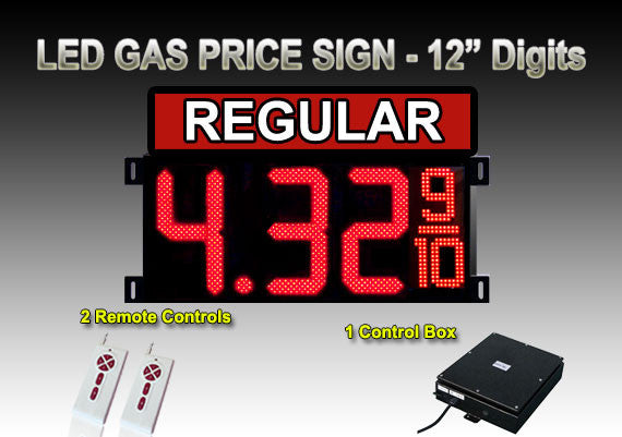 12 Inch Digits - LED Gas sign package - 1 REGULAR Digital Price Gasoline LED SIGNS - Top Section lighted - 5 Year Warranty - Complete Package w/ RF Remote Control - 27"x33"