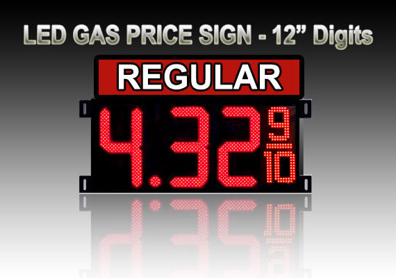 12" REGULAR Gas Price LED Sign - Red LEDs with 3 Large Digit & fraction digits - Top Section lighted - 5 Year Warranty