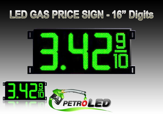 Gas Price LED Sign (Digital)  16" Green with 3 Large Digits & fraction digits - 5 Year Warranty