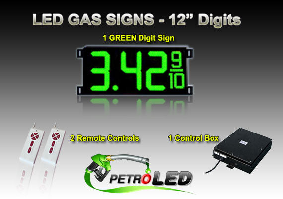 Dígitos de 12 pulgadas - Paquete de letreros LED de gasolina - 1 letrero LED verde de precio digital de gasolina - 5 años de garantía - Paquete completo con mando a distancia RF - 33 "x15".