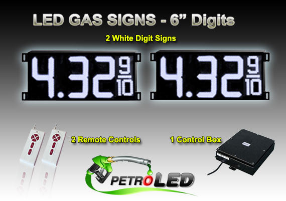 6 inch Digits - LED Gas sign package - 2 white Digital Price Gasoline LED SIGNS - Complete Package w/ RF Remote Control - 20"x9"