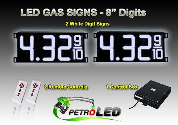 8 Inch Digits - LED Gas Price signs - 2 White Digital Price Gasoline LED SIGNS - Complete Package w/ RF Remote Control - 26"x11"