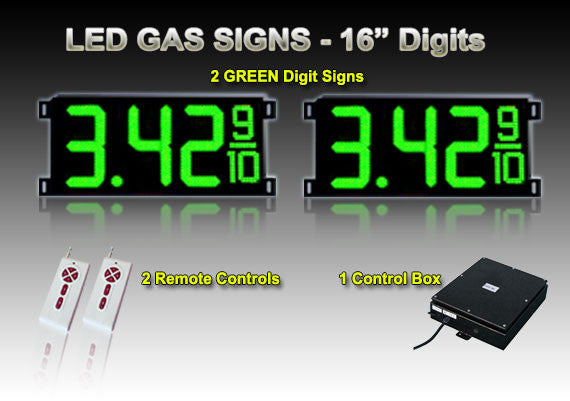 16 Inch Digits - LED Gas sign package - 2 Green Digital Price Gasoline LED SIGNS - Complete Package w/ RF Remote Control -  42"x19"