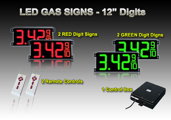 12 Inch Digits - LED Gas sign package - 2 Red & 2 Green Digital Price Gas LED SIGNS - 5 Year Warranty - Complete Package w/ RF Remote Control - 33"x15"