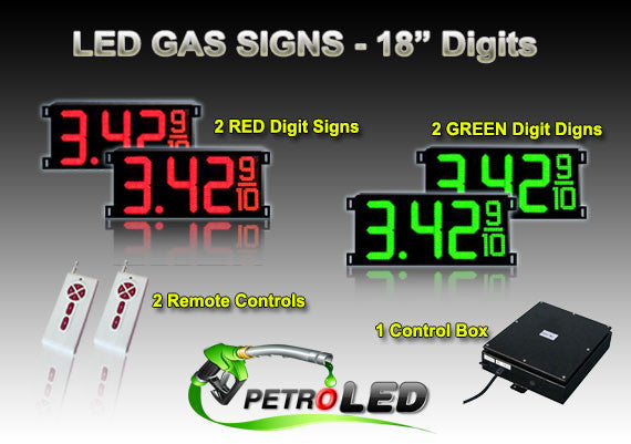 18 Inch Digits - LED Gas sign package - 2 Red & 2 Green Digital Price Gasoline LED SIGNS - Complete Package w/ RF Remote Control - 47"x22"