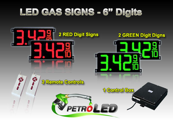 6 inch Digits - LED Gas sign package - 2 Red & 2 Green Digital Price Gasoline LED SIGNS - Complete Package w/ RF Remote Control - 20"x9"