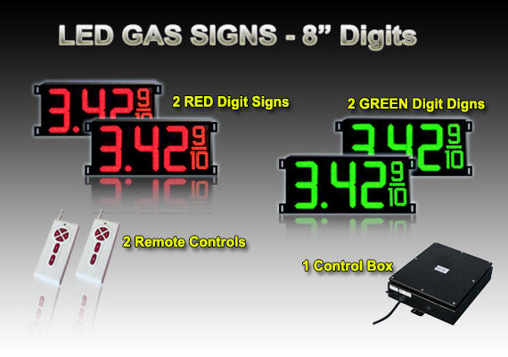 8 Inch Digits - LED Gas Price signs - 2 Red & 2 Green Digital Price Gas LED SIGNS - Complete Package w/ RF Remote Control -  26"x11"