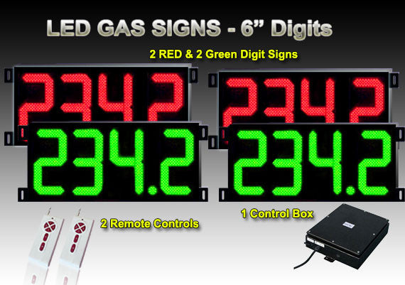 6 Inch Digits - LED Gas sign package - 2 Red & 2 Green Digital Price Gasoline LED SIGNS - Complete Package w/ RF Remote Control - 9"x21"