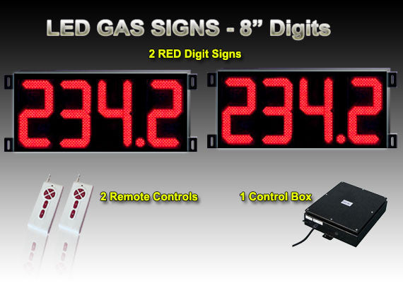 8 Inch Digits - LED Gas Sign Package - 2 Red Digital Price Gasoline LED SIGNS - Complete Package w/ RF Remote Control - 11..5 "x24.5"