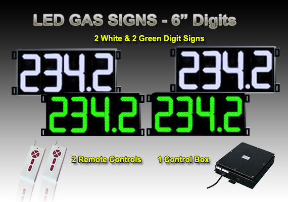 6 Inch Digits - LED Gas sign package - 2 White & 2 Green Digital Price Gasoline LED SIGNS - Complete Package w/ RF Remote Control - 9"x21"