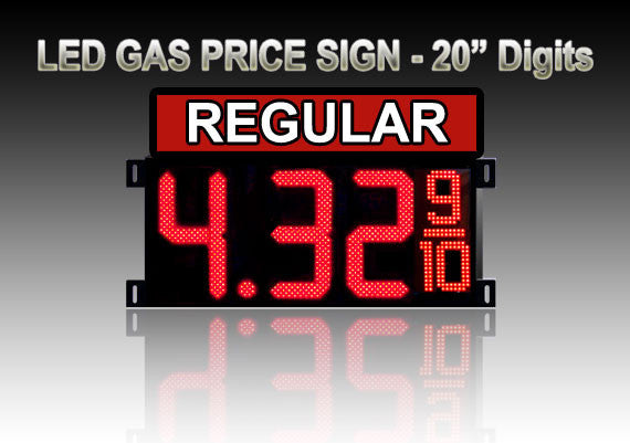 20" REGULAR Gas Price LED Sign - Red LEDs with 3 Large Digit & fraction digits - Top Section lighted - 5 Year Warranty