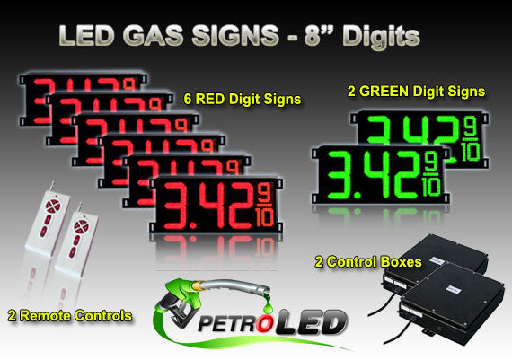 8 Inch Digits - LED Gas Price signs - 6 Red & 2 Green Digital Price Gasoline LED SIGNS - Complete Package w/ RF Remote Control - 26"x11"