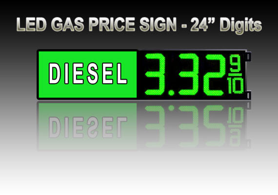 24" DIESEL Gas Price LED Sign - Green LEDs with 3 Large Digit & fraction digits - Lighted Section to the left - 5 Year Warranty