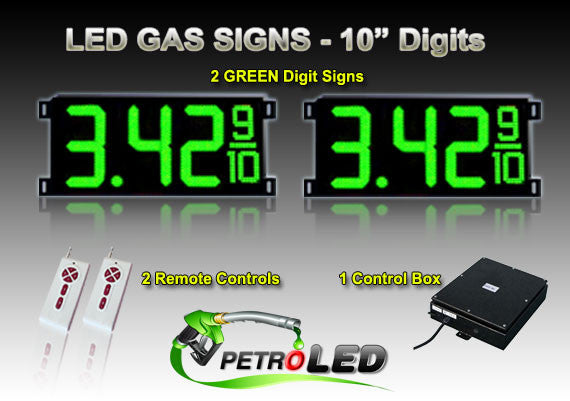 10 Inch Digits - LED Gas sign package - 2 Green Digital Price Gasoline LED SIGNS - Complete Package w/ RF Remote Control -  28"x13"