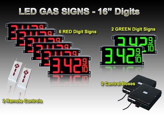 16 Inch Digits - LED Gas sign package - 6 Red & 2 Green Digital Price Gasoline LED SIGNS - Complete Package w/ RF Remote Control -  42"x19"