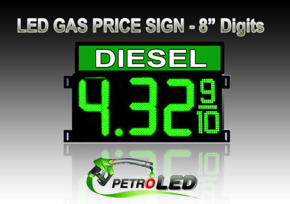 8" DIESEL Gas Price LED Sign - Green LEDs with 3 Large Digits & fraction digits - Top Section lighted - 5 Year Warranty