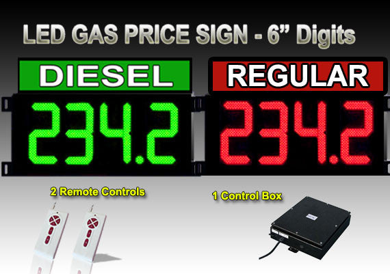 6 Inch Digits - LED Gas sign package - 1 DIESEL & 1 REGULAR Digital Price Gasoline LED SIGNS - Complete Package w/ RF Remote Control - 20"x21"