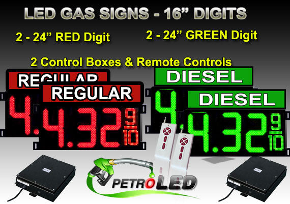 16 Inch Digits - LED Gas sign package - 2 Red (REGULAR) & 2 Green (DIESEL) Digital Price Gasoline LED SIGNS - Complete Package w/ RF Remote Control - 42"x30"