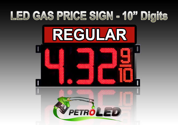 10" REGULAR Gas Price LED Sign - Red LEDs with 3 Large Digits & fraction digits - Top Section lighted - 5 Year Warranty