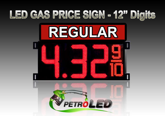 12" REGULAR Gas Price LED Sign - Red LEDs with 3 Large Digits & fraction digits - Top Section lighted - 5 Year Warranty