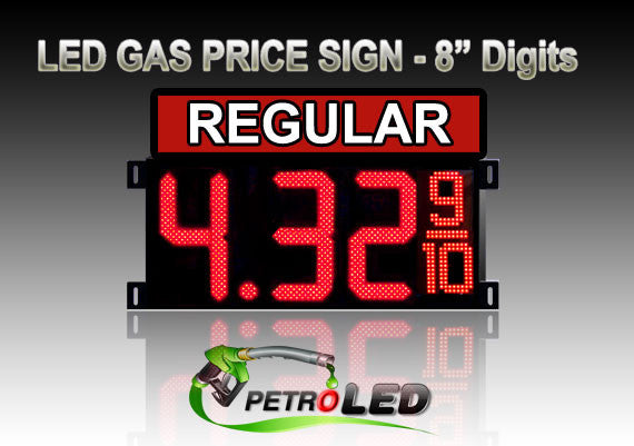 8" REGULAR Gas Price LED Sign - Red LEDs with 3 Large Digits & fraction digits - Top Section lighted - 5 Year Warranty