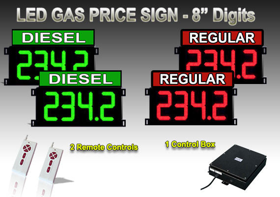 8 Inch Digits - LED Gas sign package - 2 DIESEL & 2 REGULAR Digital Price Gasoline LED SIGNS - Complete Package w/ RF Remote Control - 23"x24.5"